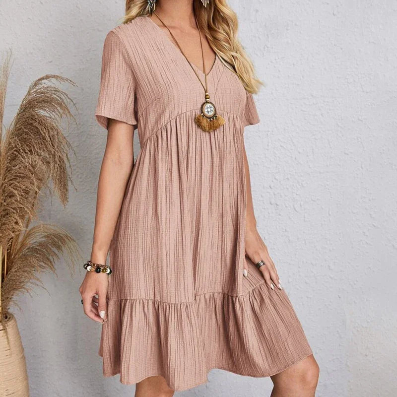 2025 Loose V-neck Short Sleeved Pleated Women Dress Solid Color A-line Beach Dresses Elegant Simple Comfortable Woman Clothing - Smarsty