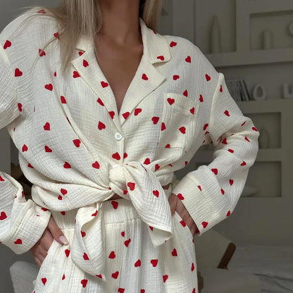 Summer New Love Heart Print Pyjama 100% Cotton Long Sleeve Set 2Pcs Outfit Lapel Sleepwear Button Down Women's Pajamas Nightwear - Smarsty