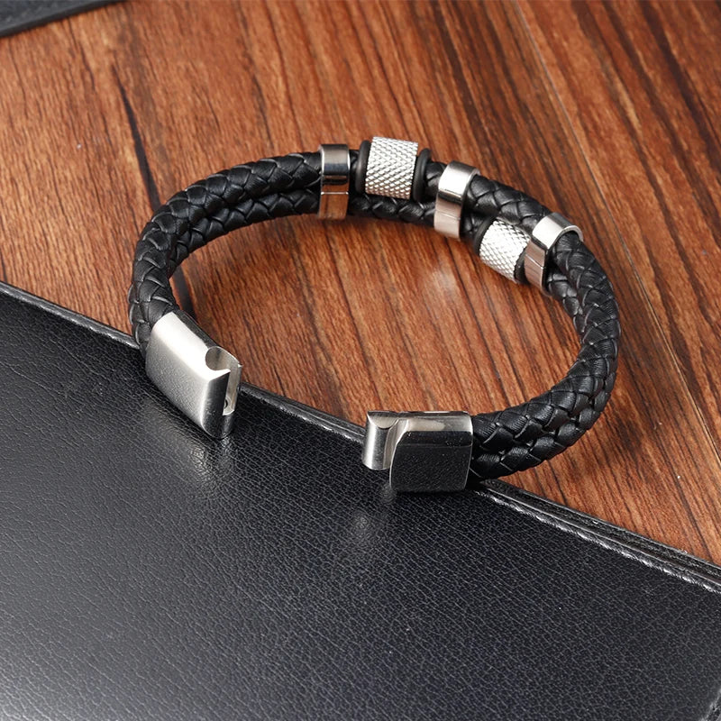 Men's Leather Charm Bracelet Stainless Steel Magnetic Clasp - Smarsty