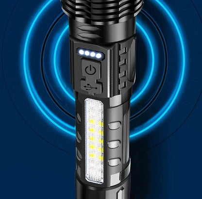 Rechargeable LED Flashlight Zoomable Torch with COB Side Led 7 Modes Waterproof High Power Hand Light Outdoor Wilderness Camping