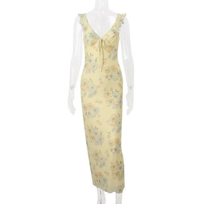 Cryptographic Summer Floral Print Plunge Maxi Dress Outfits Sexy Backless Fairy Sun Dresses Vacation Beachwear Vestido Coquette - Smarsty