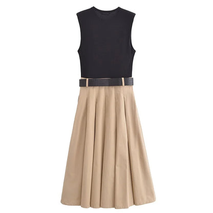 MUJER 2025 Woman Dresses Belt Pleated Midi Dress Women Sleeveless Summer Dress Woman Knitted Party Dresses for Women Sundress - Smarsty