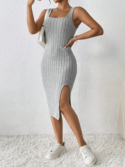 Women Summer Style Knitted Suspender Dress Lady Sleeveless Square Collar Side Slit Skirt Dress Vestidos - Smarsty