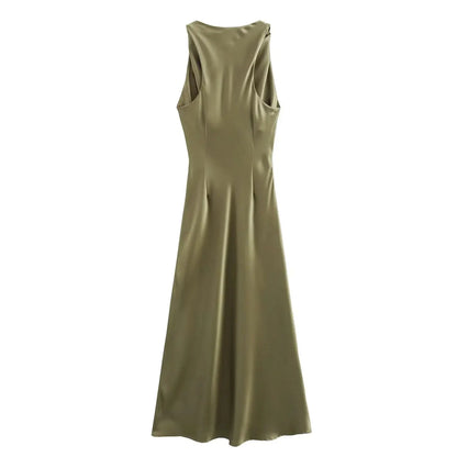 TRAF Satin Long Dresses for Women 2024 Summer Slip Midi Dress Woman Sexy Evening Party Dress Sleeveless Female Elegant Dresses