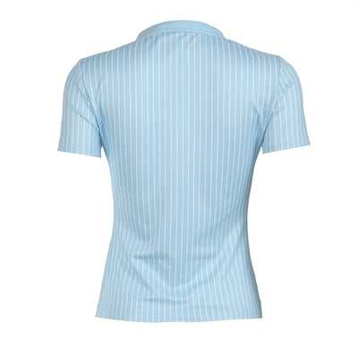 Sweetown Blue Stripe Short Sleeve Shirts For Women Button Up Turn Down Collar Slim Simple Casual Preppy Tops Basic Summer Tees - Smarsty