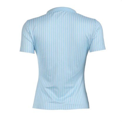 Sweetown Blue Stripe Short Sleeve Shirts For Women Button Up Turn Down Collar Slim Simple Casual Preppy Tops Basic Summer Tees - Smarsty