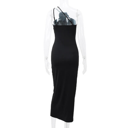 WhereMery Elegant Women Solid Sleeveless Slim Dress Aesthetic Oblique Strap Backless Prom Dresses Fashion Evening Party Clothing - Smarsty