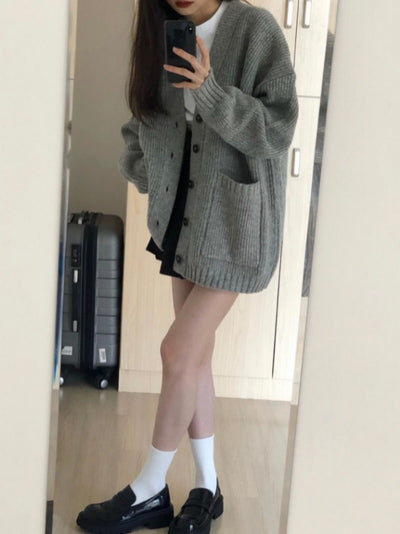 Autumn Winter Women Cardigan Sweater Coats Fashion Female Long Sleeve V-neck Loose Knitted Jackets Casual Sweater Cardigans - Smarsty