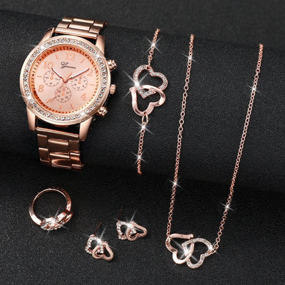 6PCS Women's Rhinestone Quartz Watch Jewelry Set - Smarsty