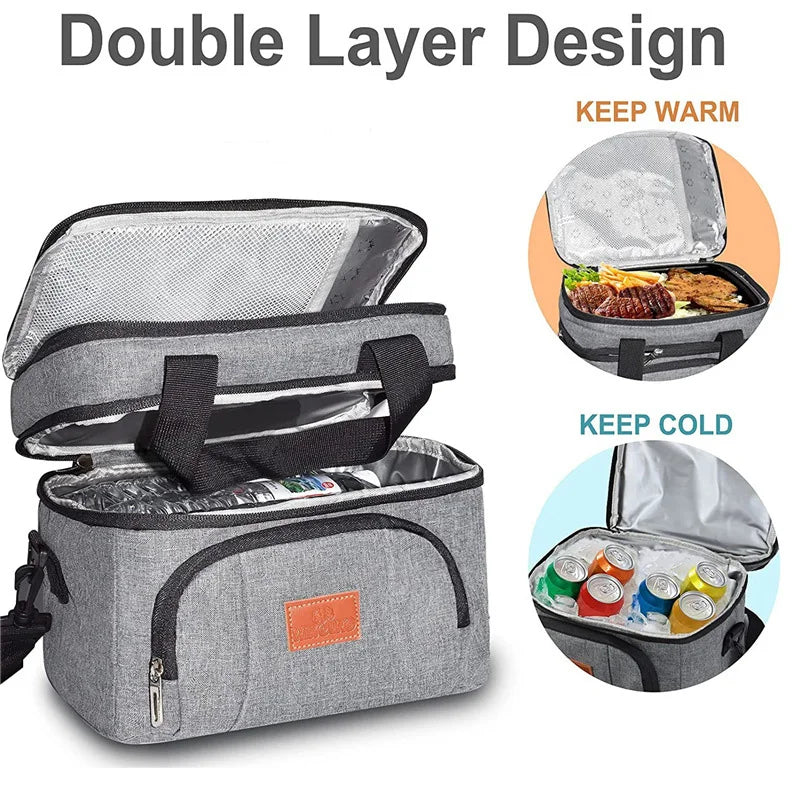 Double Layer Insulated Lunch Cooler Tote Shoulder Strap - Smarsty