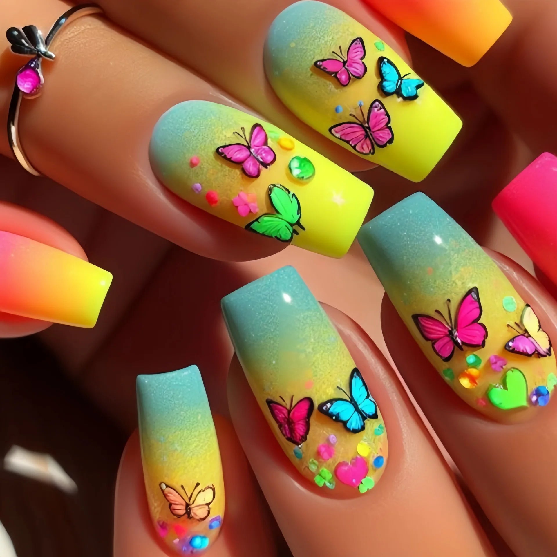 24 Piece Set Medium Long Press On Nails with Peach Flower Design - Smarsty