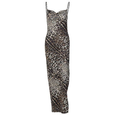 Hugcitar Leopard Print Swing Collar Sleeveless Sexy Maxi Slit Prom Dress Summer Women Fashion Y2K Clothes Party Beach Vacation - Smarsty