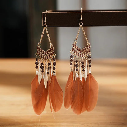 Bohemian Feather Dangle Earrings with Colorful Tassels - Smarsty