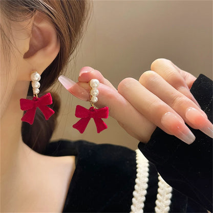Red Black Bowtie Earrings with Simulated Pearls for Women - Smarsty