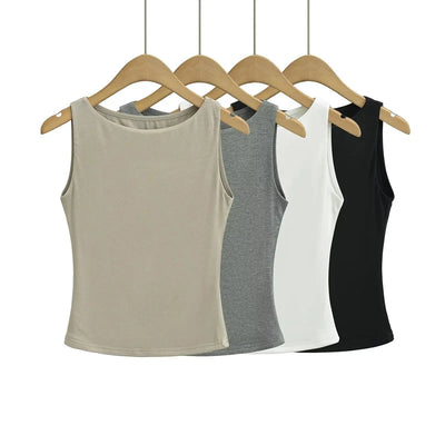 Women Double Layer Boat Neck Soft Slinky Tank Top - Smarsty
