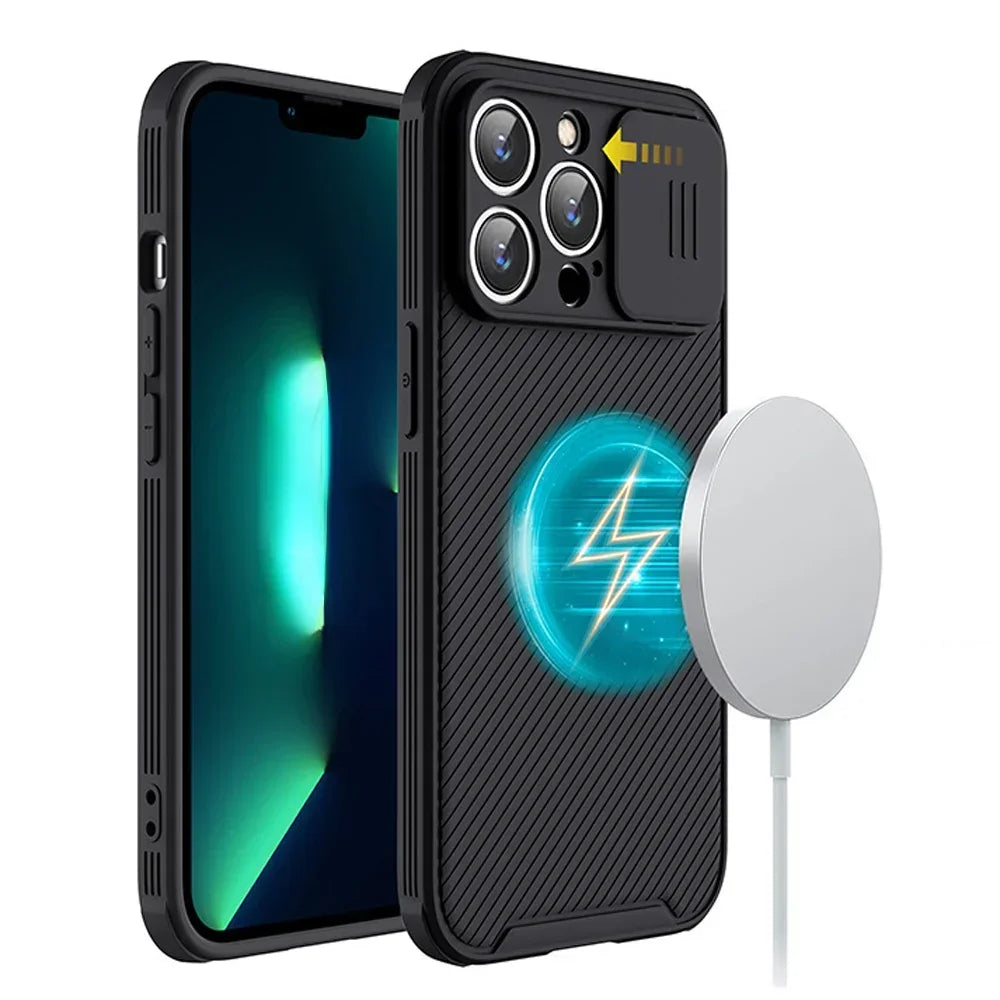 Slide Camera Lens Protection Magnetic Case for iPhone 16 15 13 12 14 Pro Max Plus Magsafe Wireless Charging Soft Silicone Cover