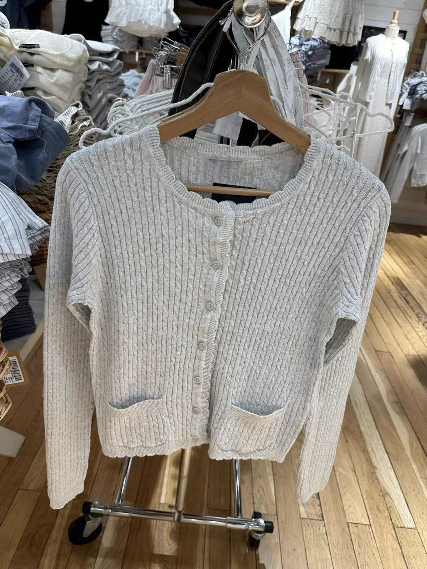 Pockets Twist Flower Knitted Sweater Cardigan O-Neck Single Breasted Long Sleeve Slim Sweaters Vintage Streetwear Gray Crop Tops - Smarsty