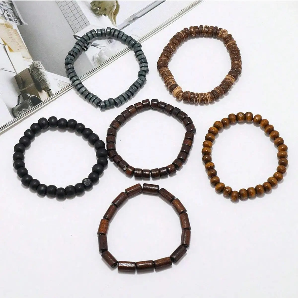 6PCS  Wodeen Braided Wrap Leather Bracelet for Men Vintage Life Wood Beads Fashion Male Armband - Smarsty