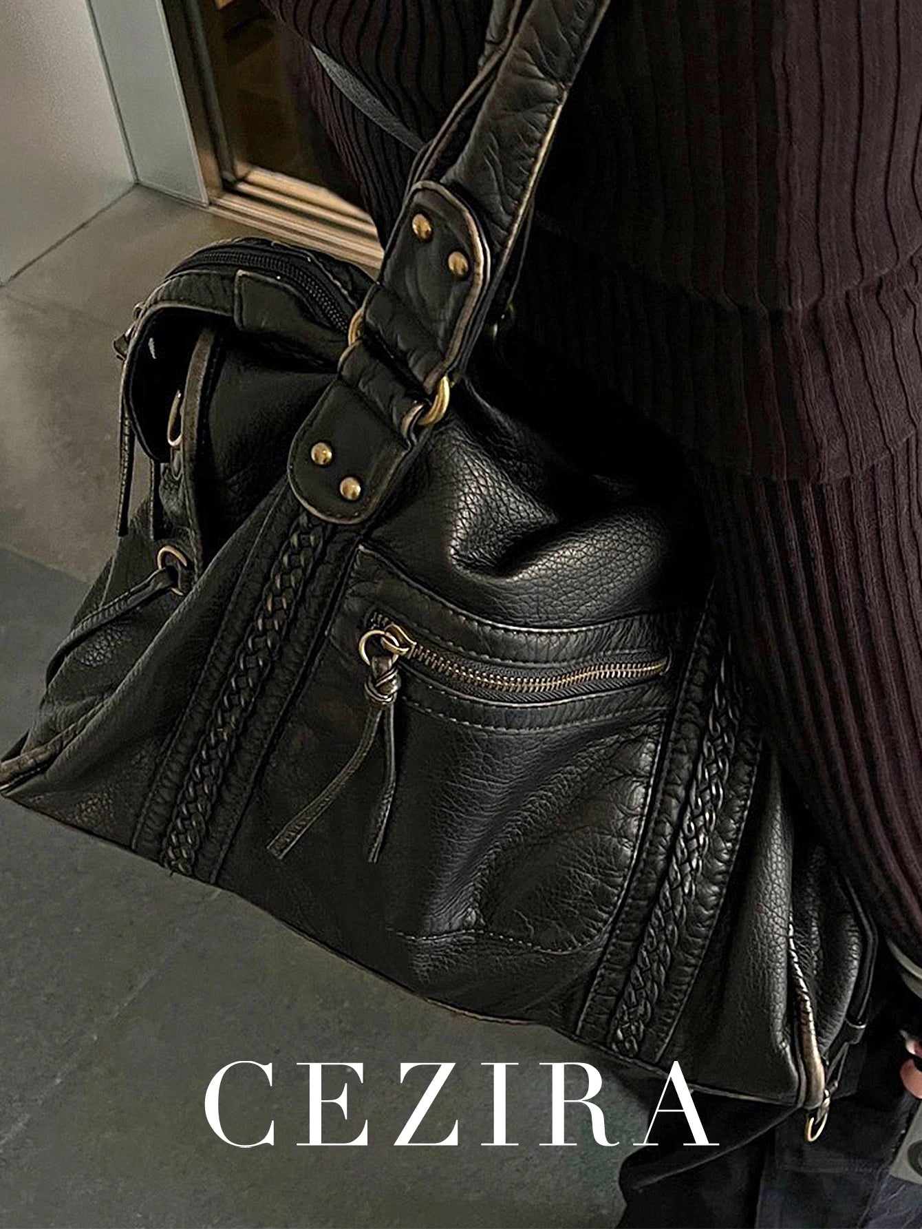 PU Leather Tote Bag With Zip Pockets Crossbody For Travel - Smarsty