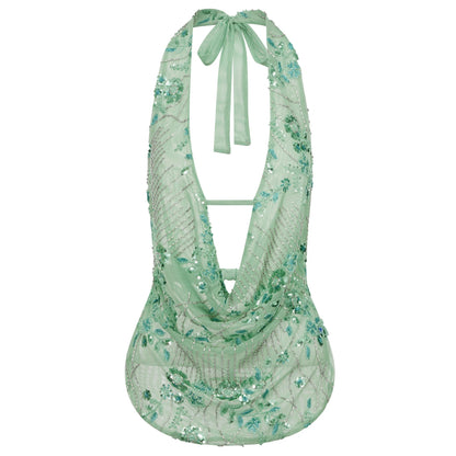 Sexy Deep V Neck Beach Tank Tops Women y2k Coquette Summer Sequins Patchwork Sleeveless Vest Vacation Backless Beach Tops