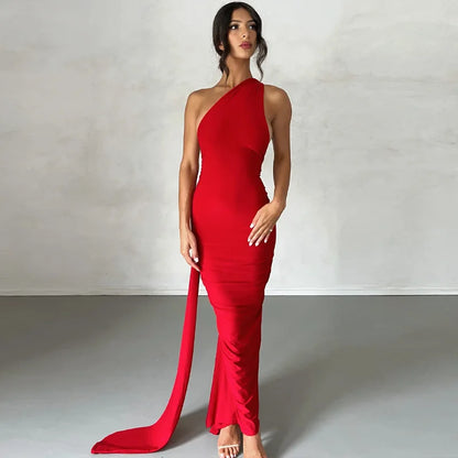 Hugcitar One Shoulder Backless Adjustable Scarf Loop Ruched Sexy Maxi Dress Women Elegant Y2K Streetwear Festival Outfit - Smarsty