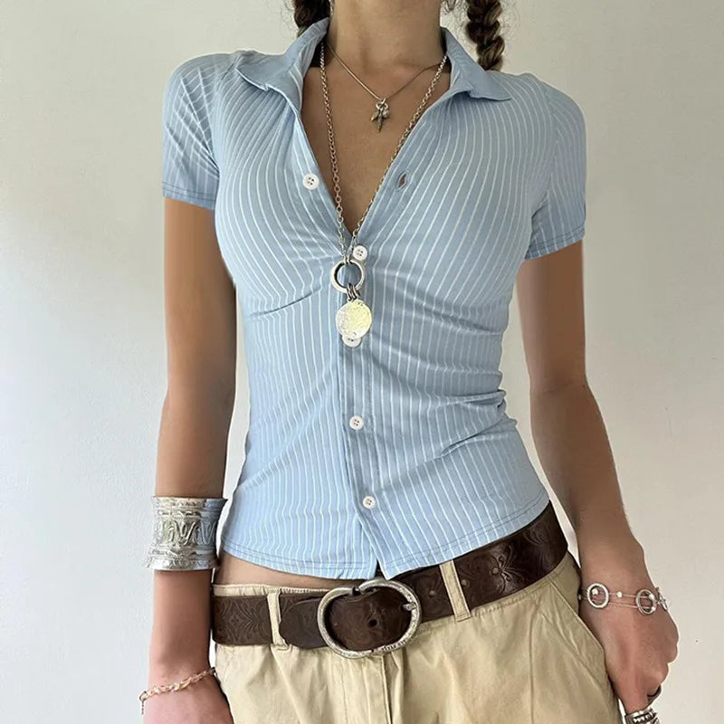 Sweetown Blue Stripe Short Sleeve Shirts For Women Button Up Turn Down Collar Slim Simple Casual Preppy Tops Basic Summer Tees - Smarsty
