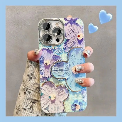 Luxury Flower Glitter Laser Phone Case For iPhone 17 Air 16 Pro Max 15 14 Plus 13 12 11 Diamond Shockproof Lens Protection Cover