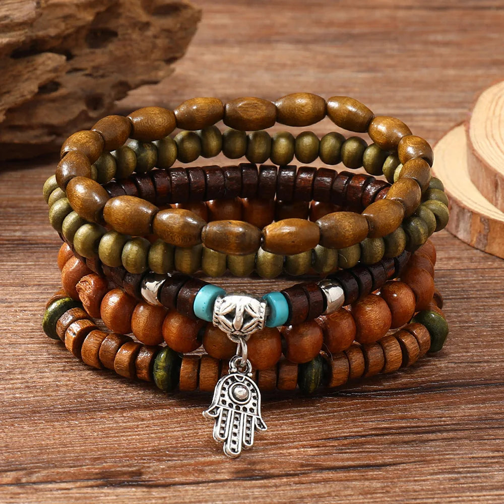 Ethnic Wood Bead Cactus Charms Bracelets for Women - Smarsty