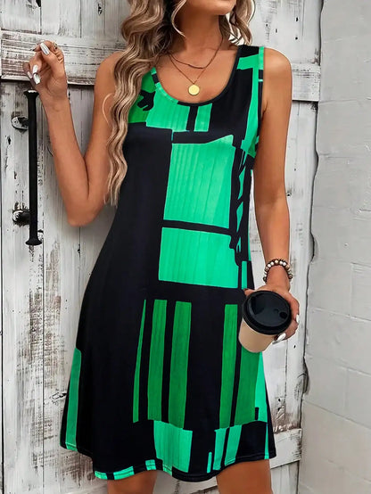 Spring&Summer Women's Geometric Pattern Sleeveless Dress For Summer Vacation,dresses for women summer，Women Bohemia Midi Dresses - Smarsty