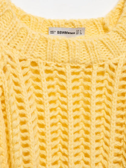 Hollow Out Knit Pullover Women Casual Round Neck Lace Up Bow Sweater Female Autumn Short Sleeves Solid Knitwears Lady - Smarsty
