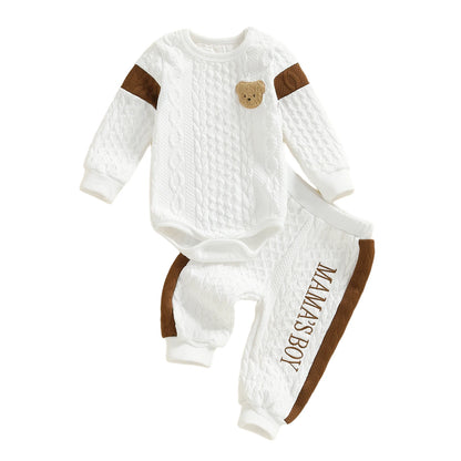 Adorable Baby Boy s Knit Set with Cute Animal Embroidery and Cozy Textured Romper and Pants - 2 Piece Fashion Ensemble