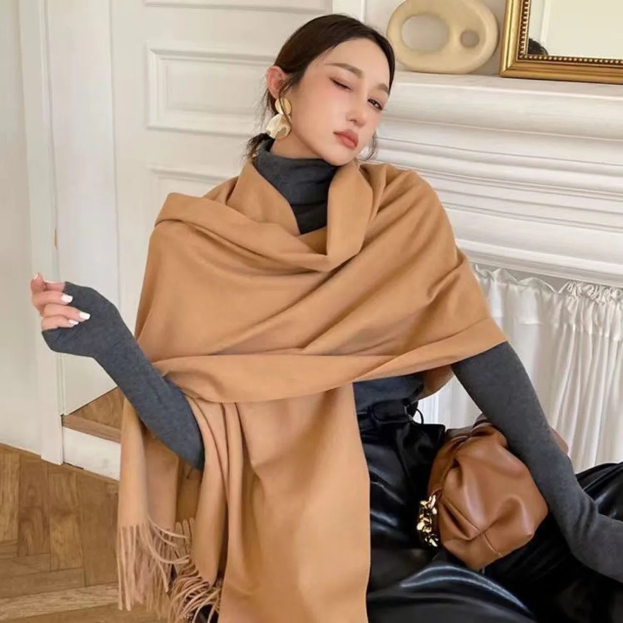 Women Cashmere Wool Scarf Warm Checkered Winter Wrap - Smarsty