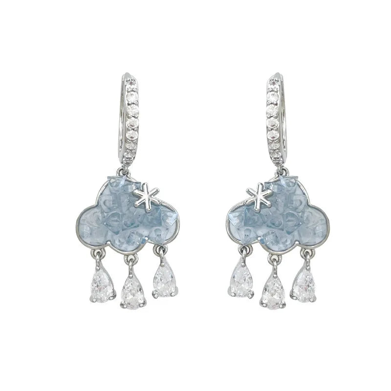 Elegant Blue Cloud Drop Earrings with Colorful Rain Tassel - Smarsty