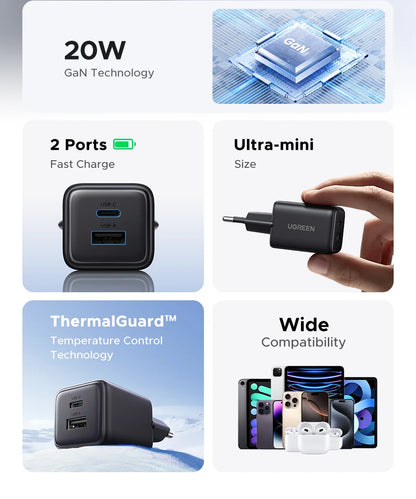 20W GaN USB C Charger PD3 Quick Charge Mini Compact - Smarsty