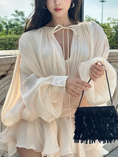 GALCAUR Solid Loose Splicd Lace Up Dresses For Women V Neck Long Sleeves Patchwork Ruffles Tunic Dreses Female Fashio New - Smarsty