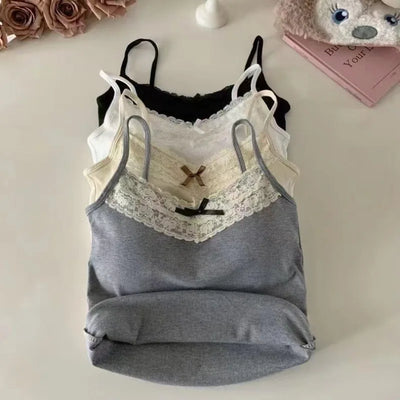 New Knitted Crop Top For Women Solid Color Lace Sling Tops Knitwear Tank Top Female Sexy Slim Camisole Sweet Short Beau Back Top - Smarsty