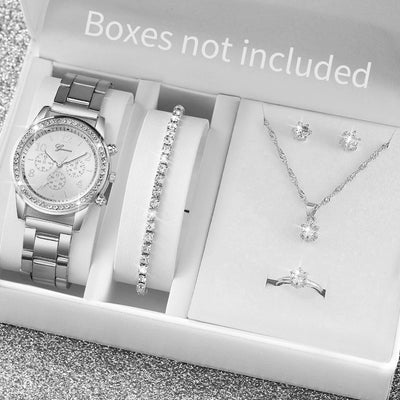 6PCS Women's Rhinestone Quartz Watch Jewelry Set - Smarsty