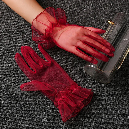 Women Lace Tulle Gloves Stretchy Full Finger Wedding Gloves - Smarsty