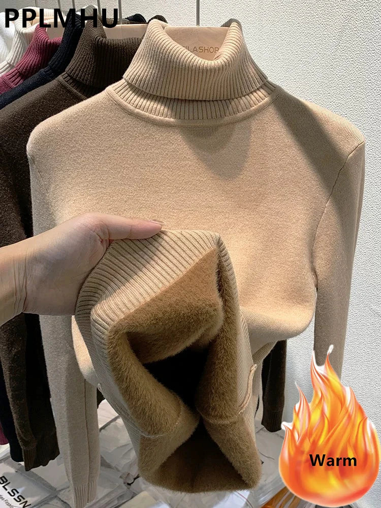 Turtleneck Winter Sweater Women Elegant Thicken Velvet Lined Warm Sueter Knitted Pullover Slim Tops Jersey Knitwear Jumper New - Smarsty