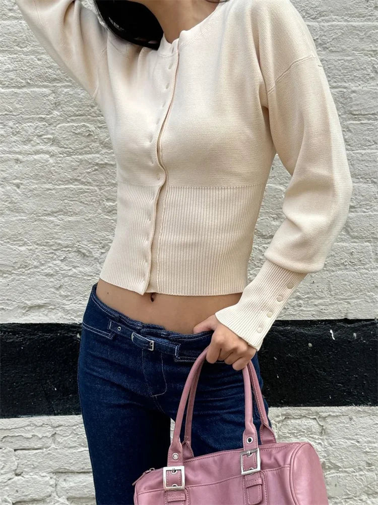 Tossy Autumn Fashion Knitwear Cardigan Top Women's Ribbed Patchwork Slim Casual Cropped Inner Top Women's Knit Cardigan Outwear - Smarsty