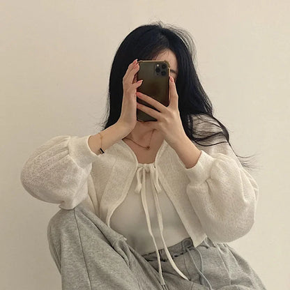 White Knitted Cardigan for Women Summer Thin Sunscreen Lace-Up Knitwear Tops Female Fashion Korean Lantern Sleeve Short Coat - Smarsty