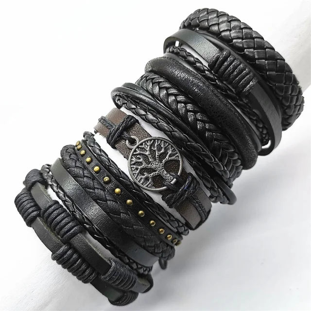Handmade Black Leather Wrap Bracelets Set for Men and Women - Smarsty