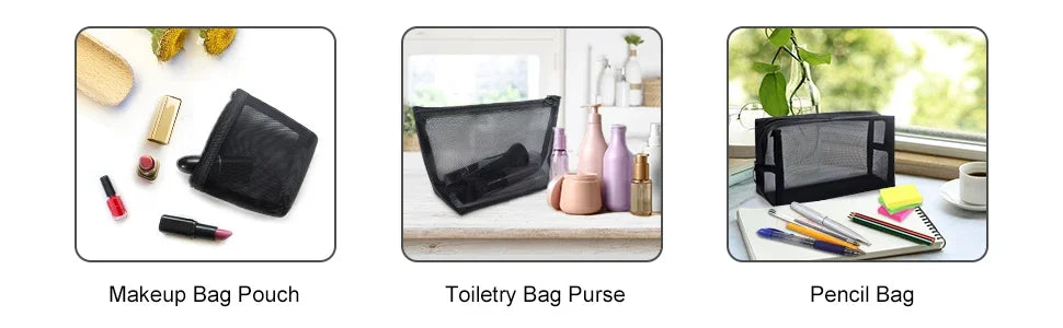 1PC Travel Black Mesh Cosmetic Bag Zipper Makeup Bag For Women Wash Toiletry Bag Makeup Organizer Portable Storage Pouch - Smarsty