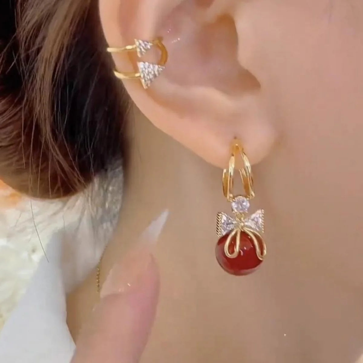 Korean Zircon Bow Drop Earrings with Imitation Pearl Flowers - Smarsty