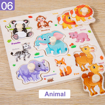 Wooden Puzzle Montessori Toys for Kids Cartoon Animal Traffic Hand Grab Boards Early Learning Educational Toys for Children - Smarsty