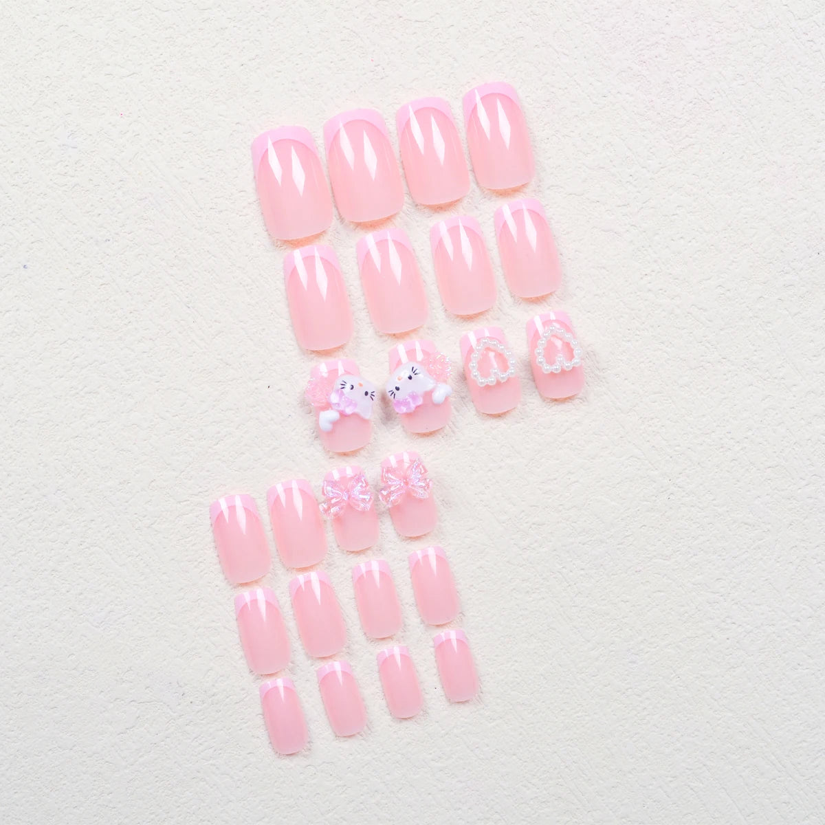 Cute Cartoon Cat Pink French Nail Set for Parties - Smarsty