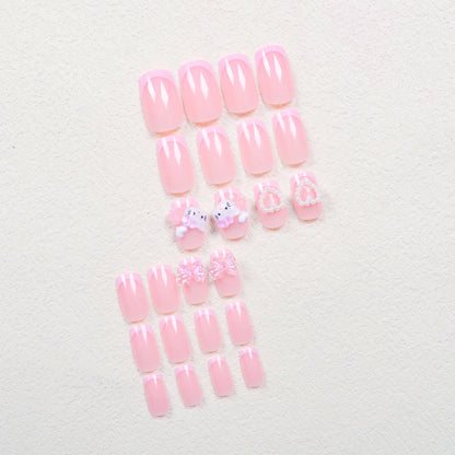 Cute Cartoon Cat Pink French Nail Set for Parties - Smarsty