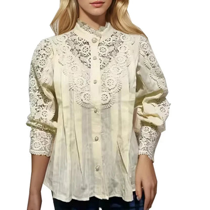 2025 French Style Spring Women Blouse Office Lady Flower Blouse Hollow Out Lace Stand Collar Button Shirt Female Clothing 12419 - Smarsty
