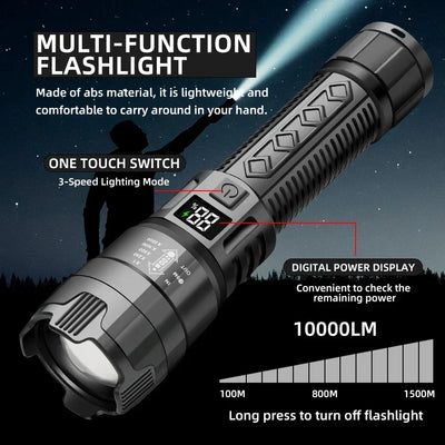 High Strong Power Led Flashlights 2000LM Tactical Torch with Display Light Rechargeable Camping Fishing Emergency Zoom Lantern - Smarsty