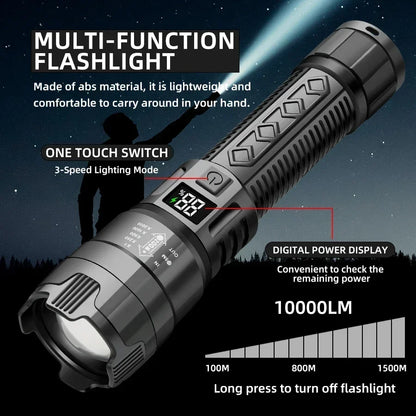 High Strong Power Led Flashlights 2000LM Tactical Torch with Display Light Rechargeable Camping Fishing Emergency Zoom Lantern